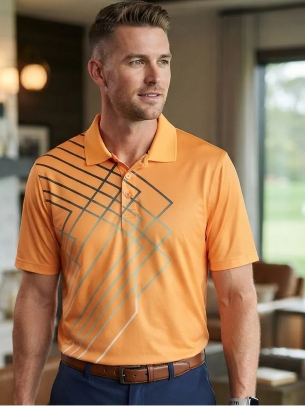 Fila Golf Men's Small Bright Orange Polo with Geometric Stripe Graphic in Blue